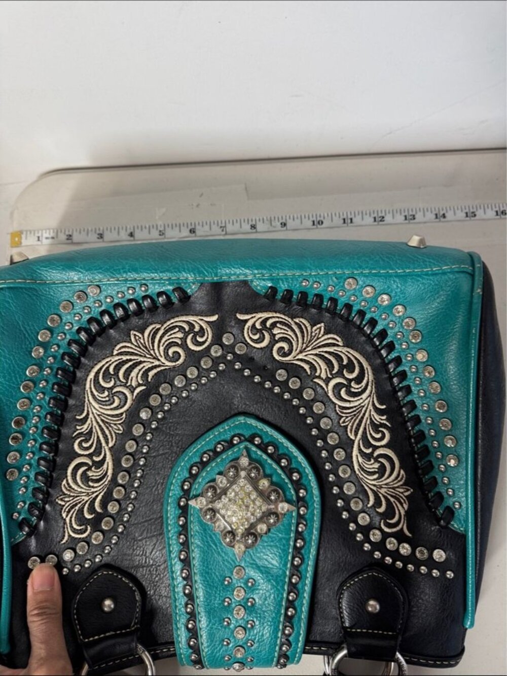 Montana West Western Handbag & Wallet Set Turquoise Black Studded Boho Rustic - Picture 11 of 16